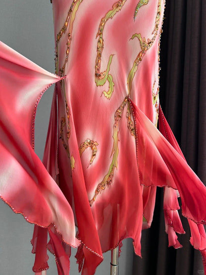 Verträumtes pinkes Ombré-Spaghettiträger-Kleid mit Perlen, unregelmäßigen Rüschen, Meerjungfrauen-Schnitt, Chiffon, langes Ballkleid, Abendkleid P4842