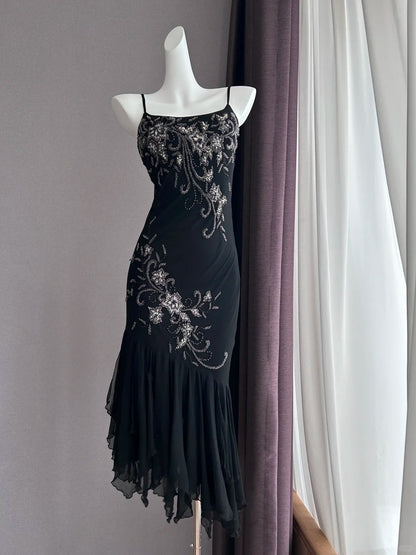 Luxuriöses, glitzerndes schwarzes Spaghettiträger-Kleid mit Pailletten-Stickerei, Meerjungfrau-Schnitt, Chiffon, Ballkleid, Abendkleid P4843