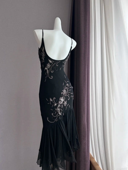 Luxuriöses, glitzerndes schwarzes Spaghettiträger-Kleid mit Pailletten-Stickerei, Meerjungfrau-Schnitt, Chiffon, Ballkleid, Abendkleid P4843