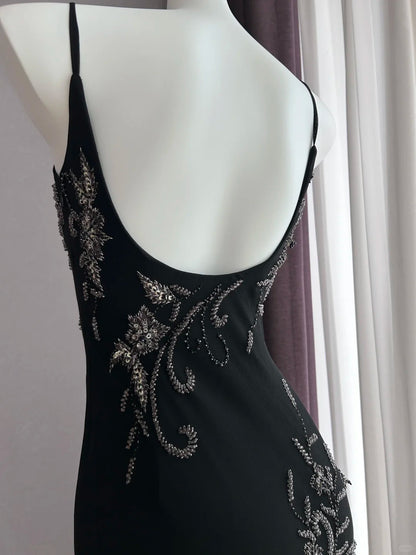 Luxuriöses, glitzerndes schwarzes Spaghettiträger-Kleid mit Pailletten-Stickerei, Meerjungfrau-Schnitt, Chiffon, Ballkleid, Abendkleid P4843