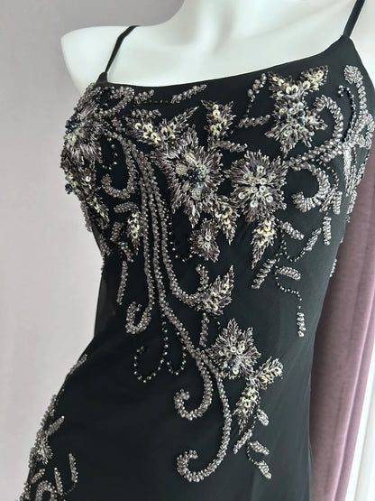 Luxuriöses, glitzerndes schwarzes Spaghettiträger-Kleid mit Pailletten-Stickerei, Meerjungfrau-Schnitt, Chiffon, Ballkleid, Abendkleid P4843