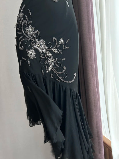 Luxuriöses, glitzerndes schwarzes Spaghettiträger-Kleid mit Pailletten-Stickerei, Meerjungfrau-Schnitt, Chiffon, Ballkleid, Abendkleid P4843