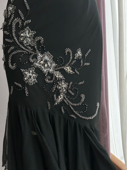 Luxuriöses, glitzerndes schwarzes Spaghettiträger-Kleid mit Pailletten-Stickerei, Meerjungfrau-Schnitt, Chiffon, Ballkleid, Abendkleid P4843