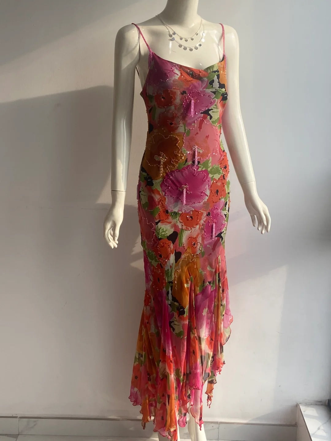Vintage Print Spaghetti-Träger Perlen Fransen Unregelmäßiges Meerjungfrauen Chiffon Langes Ballkleid Abendkleid P4845