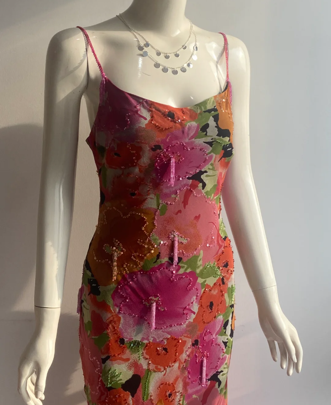 Vintage Print Spaghetti-Träger Perlen Fransen Unregelmäßiges Meerjungfrauen Chiffon Langes Ballkleid Abendkleid P4845