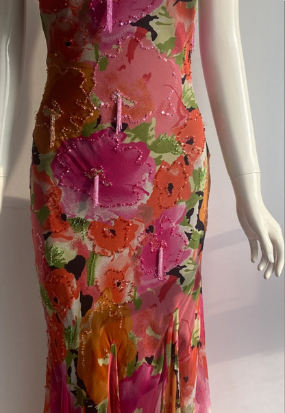 Vintage Print Spaghetti-Träger Perlen Fransen Unregelmäßiges Meerjungfrauen Chiffon Langes Ballkleid Abendkleid P4845