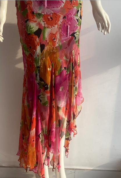 Vintage Print Spaghetti-Träger Perlen Fransen Unregelmäßiges Meerjungfrauen Chiffon Langes Ballkleid Abendkleid P4845