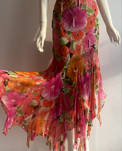 Vintage Print Spaghetti-Träger Perlen Fransen Unregelmäßiges Meerjungfrauen Chiffon Langes Ballkleid Abendkleid P4845