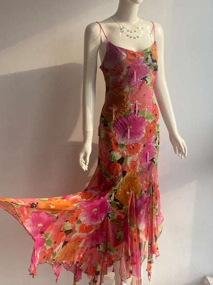 Vintage Print Spaghetti-Träger Perlen Fransen Unregelmäßiges Meerjungfrauen Chiffon Langes Ballkleid Abendkleid P4845