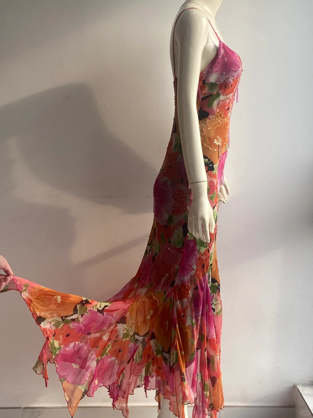 Vintage Print Spaghetti-Träger Perlen Fransen Unregelmäßiges Meerjungfrauen Chiffon Langes Ballkleid Abendkleid P4845