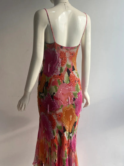 Vintage Print Spaghetti-Träger Perlen Fransen Unregelmäßiges Meerjungfrauen Chiffon Langes Ballkleid Abendkleid P4845