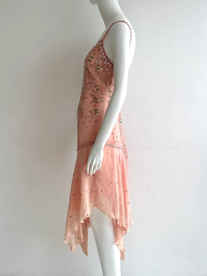 Wunderschönes pinkes Spaghettiträger-Perlen-Kleid aus Chiffon mit unregelmäßigem Saum für den Abschlussball / Geburtstag P4847