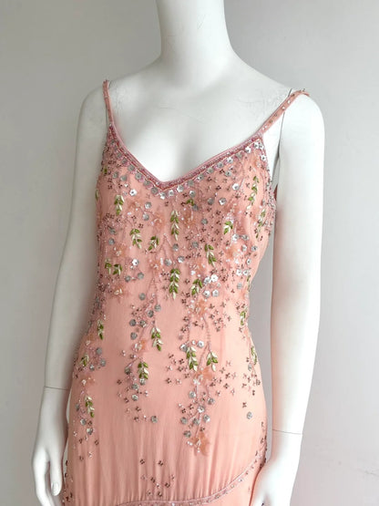 Wunderschönes pinkes Spaghettiträger-Perlen-Kleid aus Chiffon mit unregelmäßigem Saum für den Abschlussball / Geburtstag P4847
