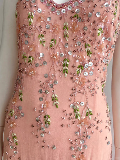 Wunderschönes pinkes Spaghettiträger-Perlen-Kleid aus Chiffon mit unregelmäßigem Saum für den Abschlussball / Geburtstag P4847
