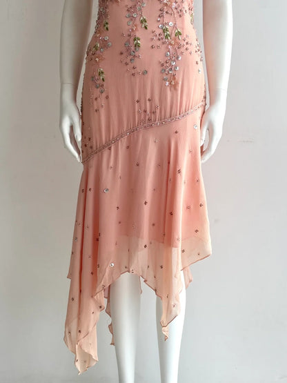 Wunderschönes pinkes Spaghettiträger-Perlen-Kleid aus Chiffon mit unregelmäßigem Saum für den Abschlussball / Geburtstag P4847