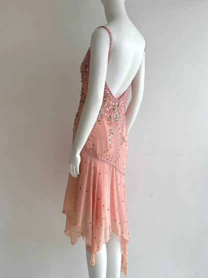Wunderschönes pinkes Spaghettiträger-Perlen-Kleid aus Chiffon mit unregelmäßigem Saum für den Abschlussball / Geburtstag P4847