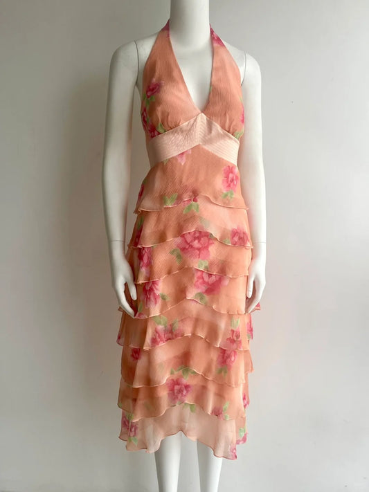 Robe de bal en mousseline vintage orange rose à licou, imprimé et volants superposés P4848