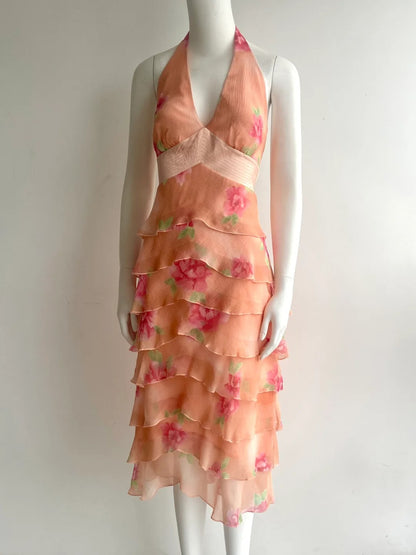 Vintage orange pinkes Neckholder-Kleid mit Print, mehrlagigen Rüschen und Chiffon für den Abschlussball P4848