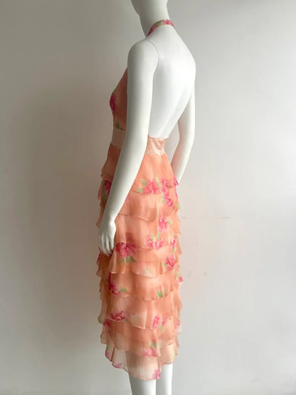 Vintage orange pinkes Neckholder-Kleid mit Print, mehrlagigen Rüschen und Chiffon für den Abschlussball P4848