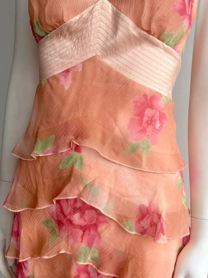 Vintage orange pinkes Neckholder-Kleid mit Print, mehrlagigen Rüschen und Chiffon für den Abschlussball P4848