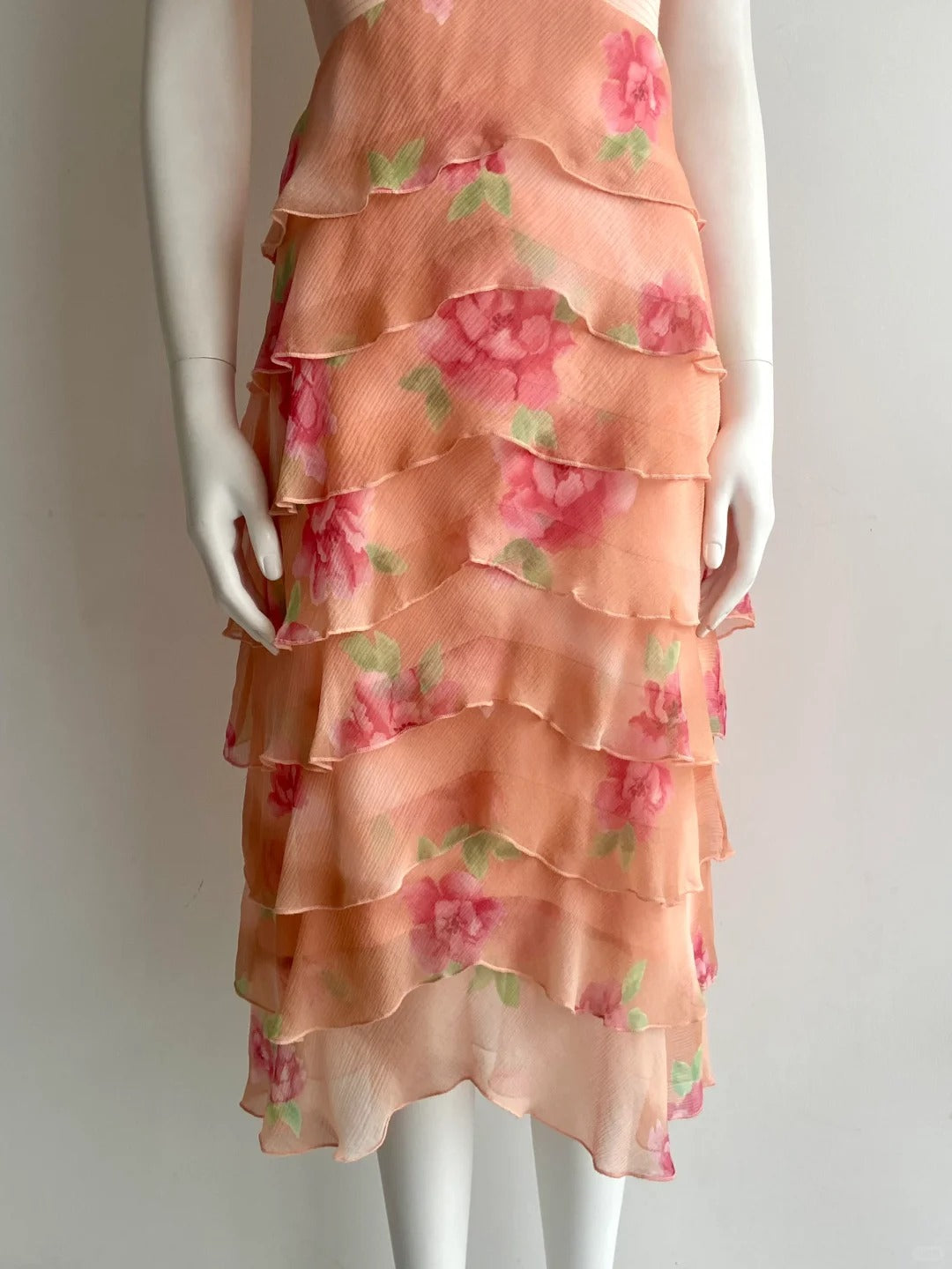 Vintage orange pinkes Neckholder-Kleid mit Print, mehrlagigen Rüschen und Chiffon für den Abschlussball P4848