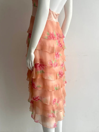 Vintage orange pinkes Neckholder-Kleid mit Print, mehrlagigen Rüschen und Chiffon für den Abschlussball P4848