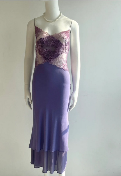 Sexy lila Spaghetti-Träger Spitze Meerjungfrau Chiffon Ballkleid Abendkleid P4849