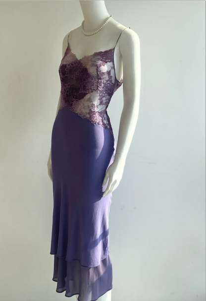 Sexy lila Spaghetti-Träger Spitze Meerjungfrau Chiffon Ballkleid Abendkleid P4849