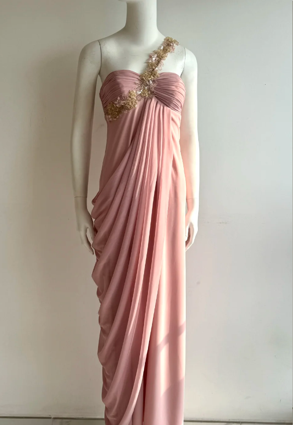 Elegantes pinkfarbenes, schulterfreies gerafftes Chiffon-Ballkleid Abendkleid P4850