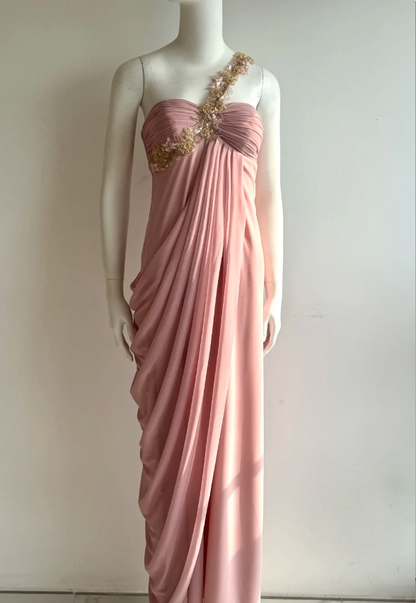 Elegantes pinkfarbenes, schulterfreies gerafftes Chiffon-Ballkleid Abendkleid P4850