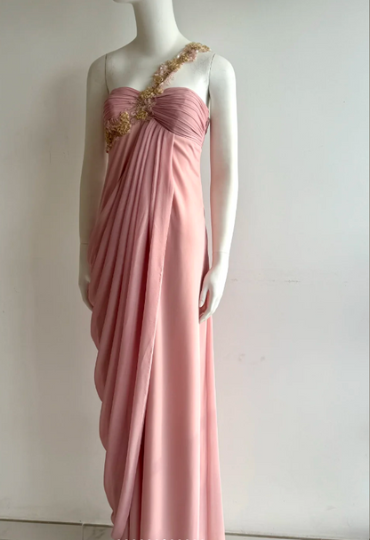 Elegantes pinkfarbenes, schulterfreies gerafftes Chiffon-Ballkleid Abendkleid P4850