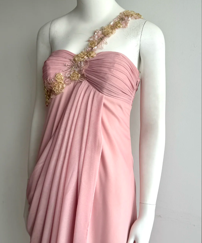 Elegantes pinkfarbenes, schulterfreies gerafftes Chiffon-Ballkleid Abendkleid P4850