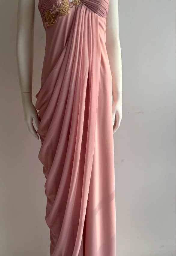Elegantes pinkfarbenes, schulterfreies gerafftes Chiffon-Ballkleid Abendkleid P4850