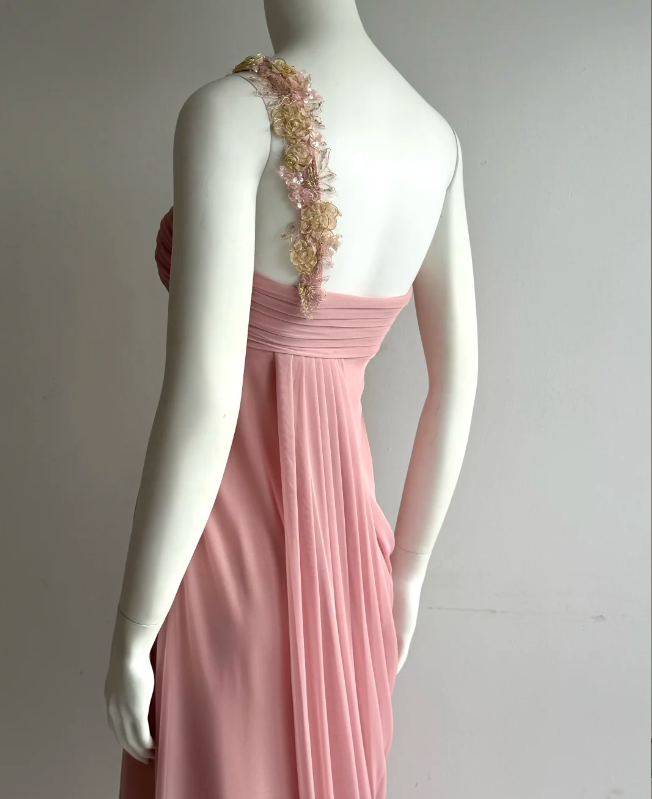 Elegantes pinkfarbenes, schulterfreies gerafftes Chiffon-Ballkleid Abendkleid P4850