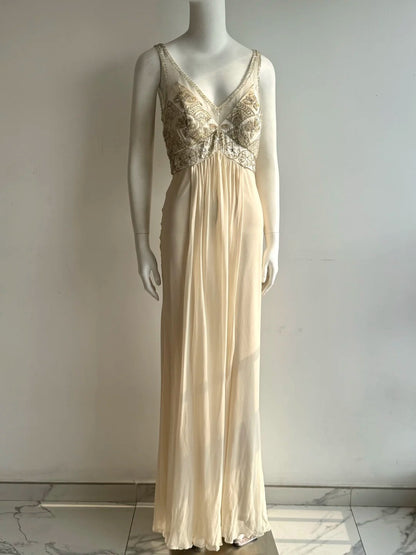 Vintage Elfenbein V-Ausschnitt Perlen Chiffon Langes Ballkleid Abendkleid P4851