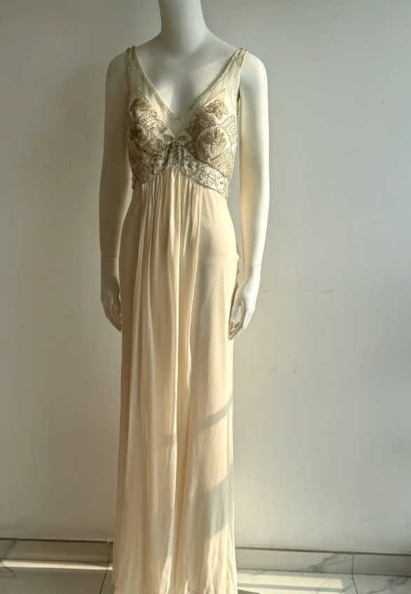 Vintage Elfenbein V-Ausschnitt Perlen Chiffon Langes Ballkleid Abendkleid P4851