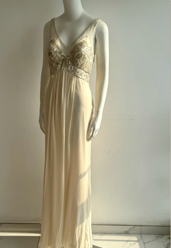 Vintage Elfenbein V-Ausschnitt Perlen Chiffon Langes Ballkleid Abendkleid P4851