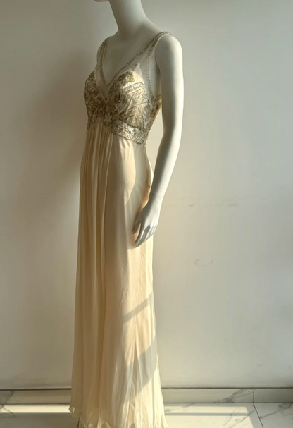 Vintage Elfenbein V-Ausschnitt Perlen Chiffon Langes Ballkleid Abendkleid P4851