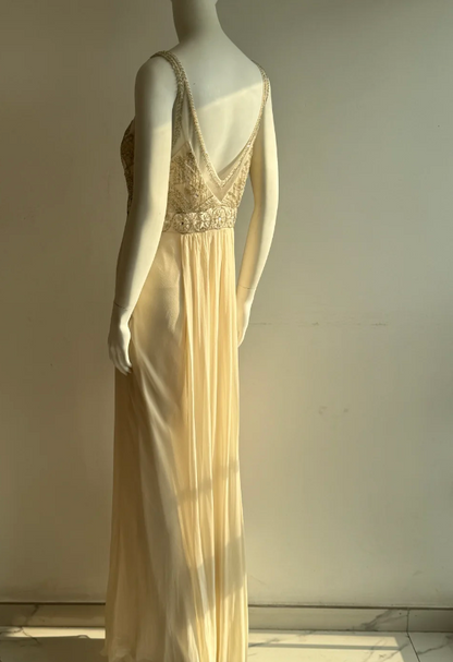Vintage Elfenbein V-Ausschnitt Perlen Chiffon Langes Ballkleid Abendkleid P4851