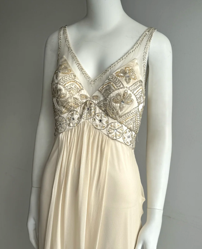 Vintage Elfenbein V-Ausschnitt Perlen Chiffon Langes Ballkleid Abendkleid P4851