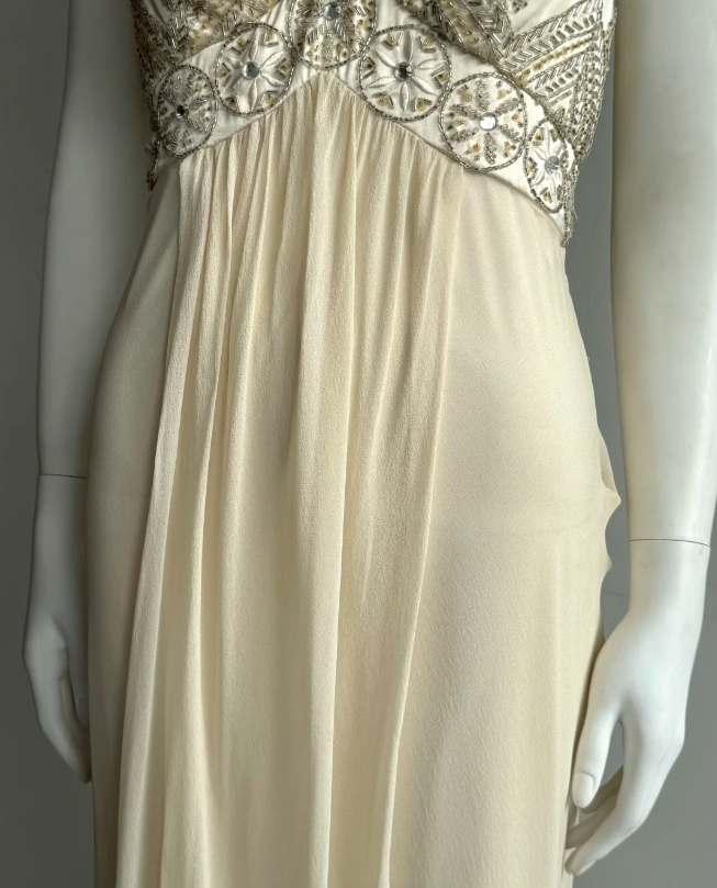 Vintage Elfenbein V-Ausschnitt Perlen Chiffon Langes Ballkleid Abendkleid P4851