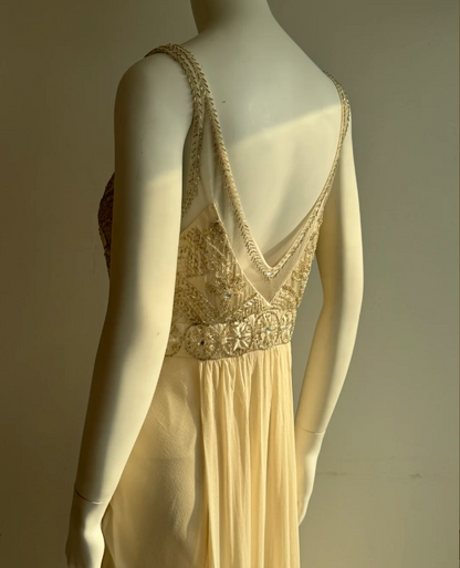 Vintage Elfenbein V-Ausschnitt Perlen Chiffon Langes Ballkleid Abendkleid P4851
