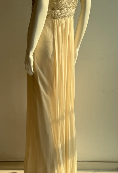 Vintage Elfenbein V-Ausschnitt Perlen Chiffon Langes Ballkleid Abendkleid P4851