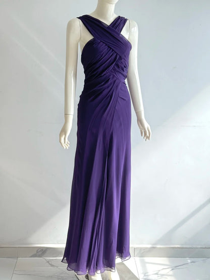 Charmantes lila Neckholder-Abendkleid mit geknoteter Raffung aus Chiffon P4853