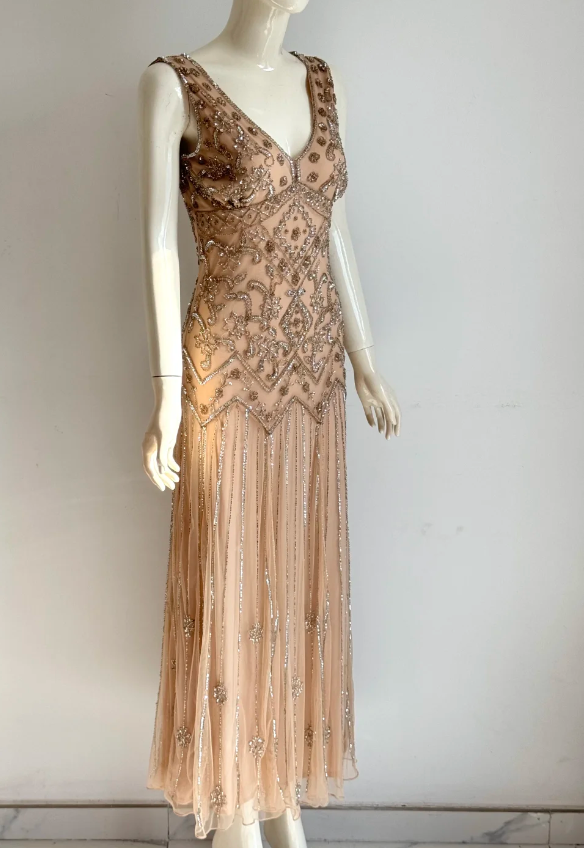 Vintage Nude Rosa V-Ausschnitt Perlen Bestickt Geometrisch Chiffon Langes Ballkleid Abendkleid P4854