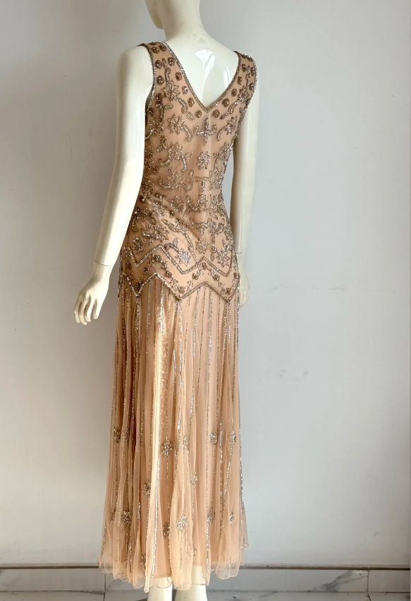 Vintage Nude Rosa V-Ausschnitt Perlen Bestickt Geometrisch Chiffon Langes Ballkleid Abendkleid P4854
