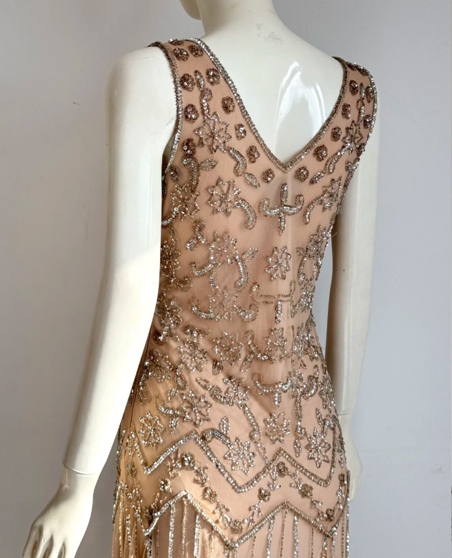 Vintage Nude Rosa V-Ausschnitt Perlen Bestickt Geometrisch Chiffon Langes Ballkleid Abendkleid P4854
