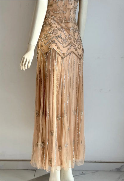 Vintage Nude Rosa V-Ausschnitt Perlen Bestickt Geometrisch Chiffon Langes Ballkleid Abendkleid P4854