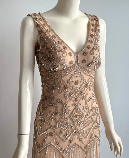 Vintage Nude Rosa V-Ausschnitt Perlen Bestickt Geometrisch Chiffon Langes Ballkleid Abendkleid P4854