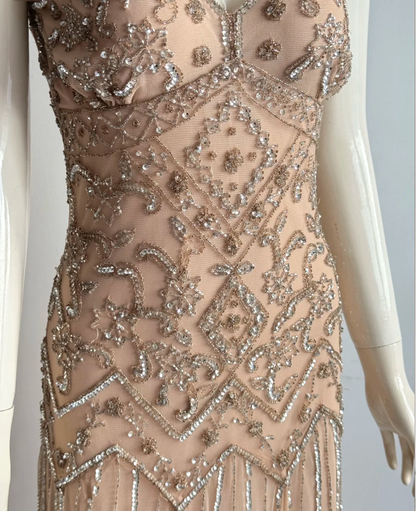 Vintage Nude Rosa V-Ausschnitt Perlen Bestickt Geometrisch Chiffon Langes Ballkleid Abendkleid P4854